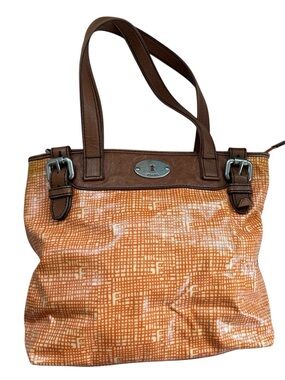 Fossil Orange Patterned Tote with Brown Trim
